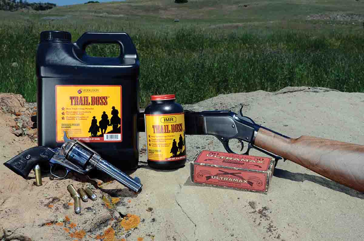 Mike burns large amounts of Trail Boss powder in guns such as this Colt SAA .44-40 and Browning/Miroku Winchester Model 1873 .44-40.